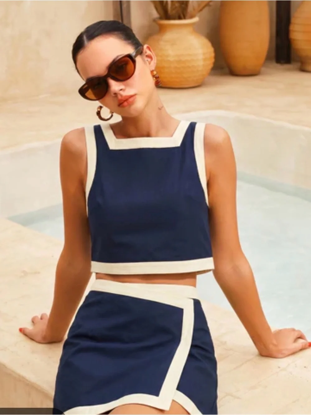 Commense Navy and Cream Cropped Skirt Set - Picture 1 of 7
